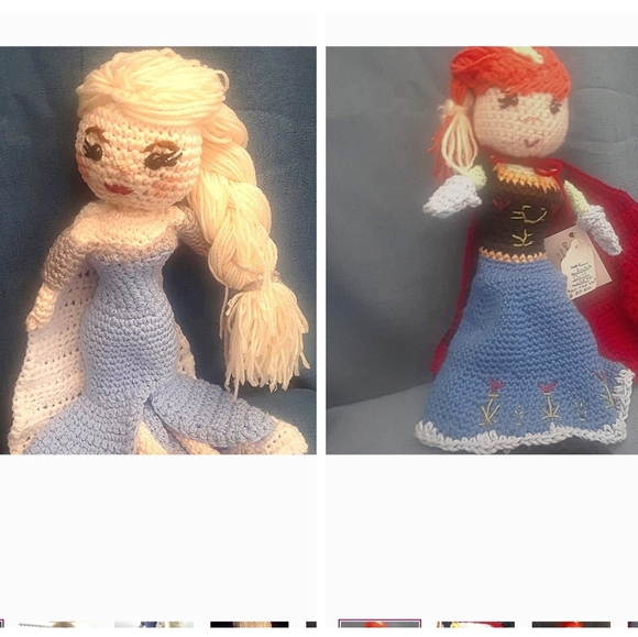 Hand crocheted, Frozen's inspired dolls, Elsa, Anna, and Olaf. Includes  stand, - Picture 7 of 15